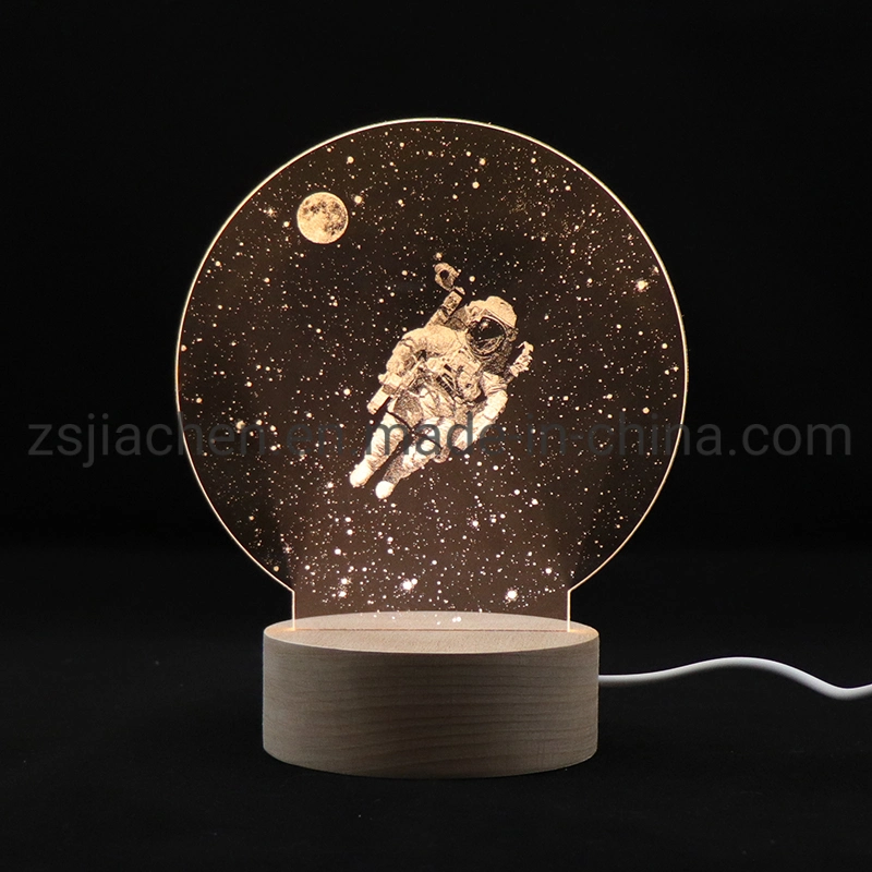 Popular Decoration Light LED Wood Base 3D Night Light Desk Table Lamp with Spaceman Acrylic Sheet